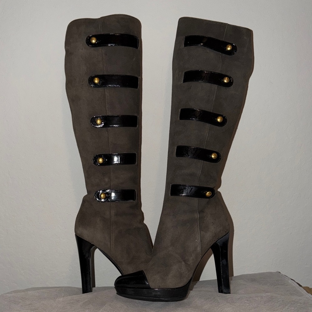 AUTHENTIC FENDI Military Boots Suede Grey Patent Leather Black Gold Wmns EU 36
